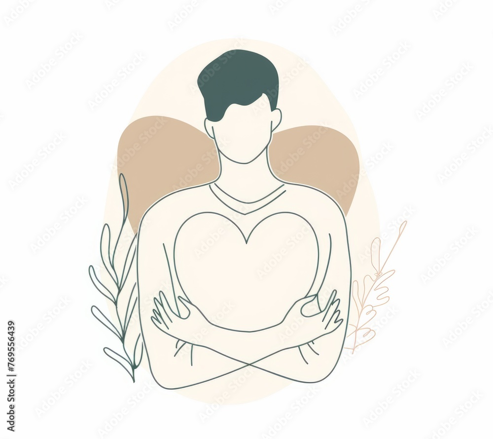Graphic design of man holding light beige heart isolated on white background, simple lines, minimalism, modern style, flat illustration Graphic design of man holding light beige heart isolated on white background, simple lines, minimalism, modern style, flat illustration