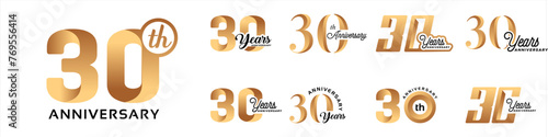 Collection of 30th Anniversary vector template designs with various number styles in elegant gold color for celebration events, weddings, greeting cards and invitations