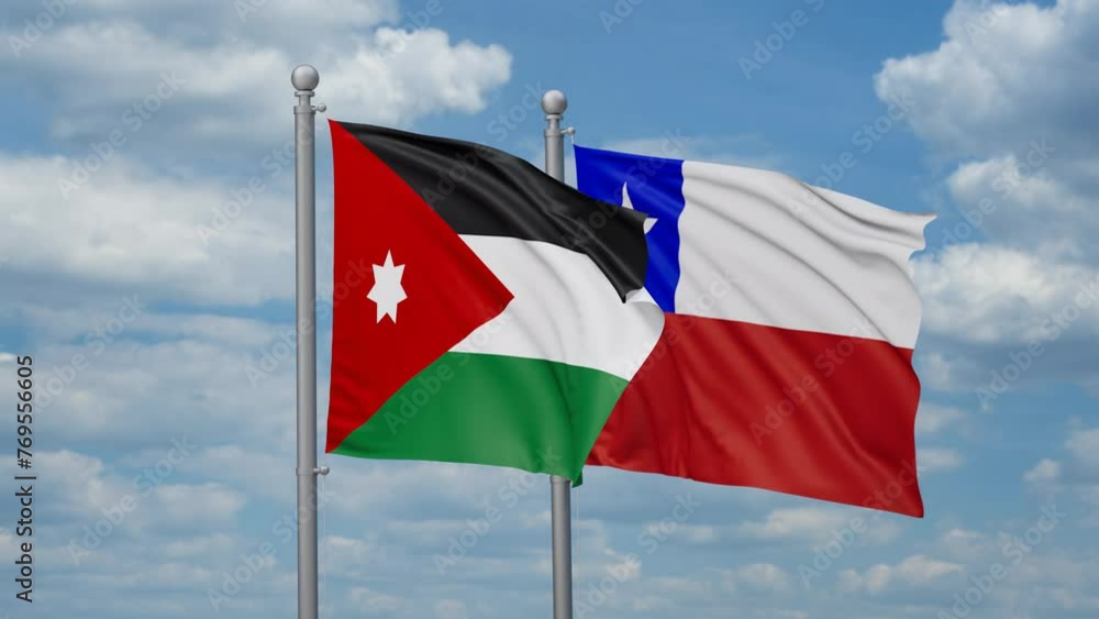 Chile and Jordan two flags waving together, looped video, two country relations concept Chile and Jordan two flags waving together, looped video, two country relations concept