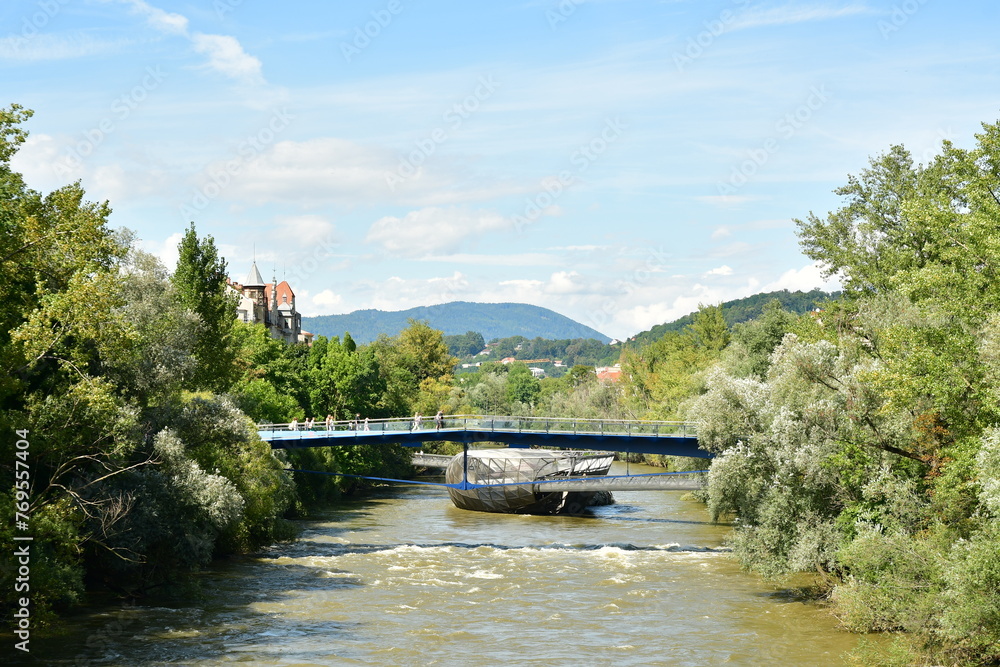 Graz Mur River Austria Modern Bridge and Island Unesco - obrazy, fototapety, plakaty 