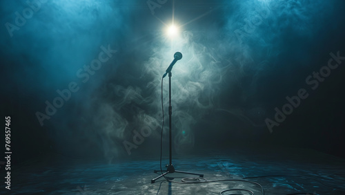 Contemporary Performance Stage: Singer Spotlighted in Modern Setting with Dark Background and Smoke