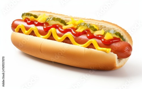 Delicious hot dog with ketchup and mustard, isolated on white background