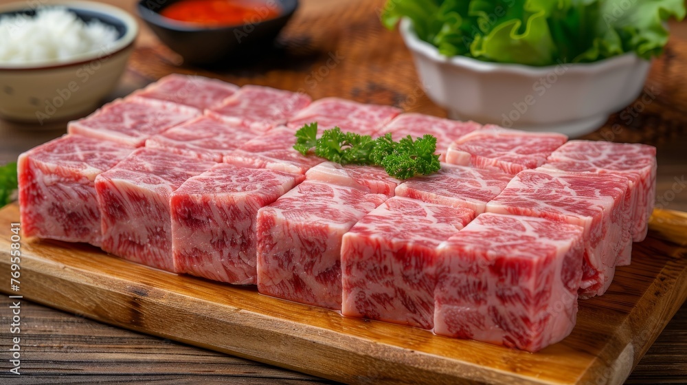 Assorted asian sliced raw wagyu beef bbq selection from chinese, japanese, and korean cuisines