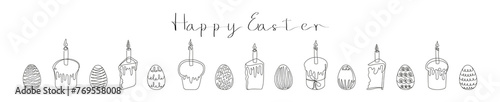 Set of Easter Kulich cakes with lit candles and painted eggs. Happy Easter greeting. Continuous one line drawing of cupcakes and eggs. Vector isolated on white. Design elements for print and greetings