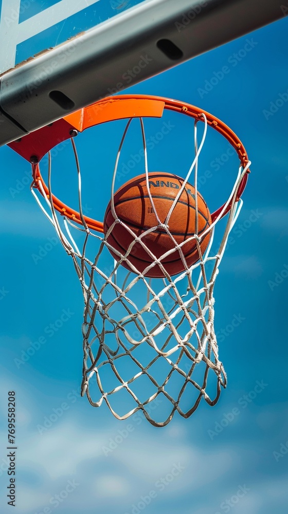 Success in action, basketball hitting net, clear sky backdrop, side angle, dynamic motion, close-up