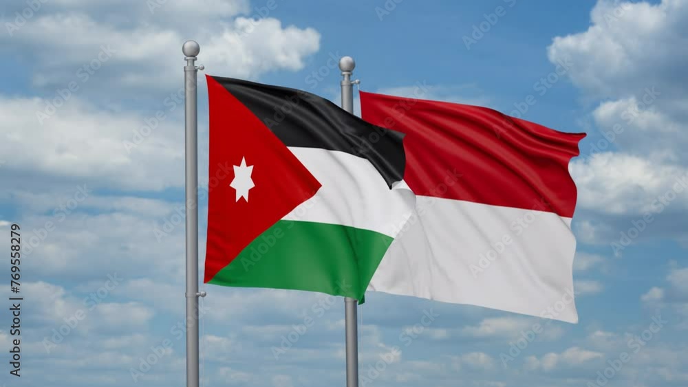 Indonesia and Jordan two flags waving together, looped video, two country relations concept Indonesia and Jordan two flags waving together, looped video, two country relations concept