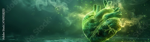 3D render of a human heart enveloped in green light, symbolizing compassion, vibrant glow, central focus #769558253
