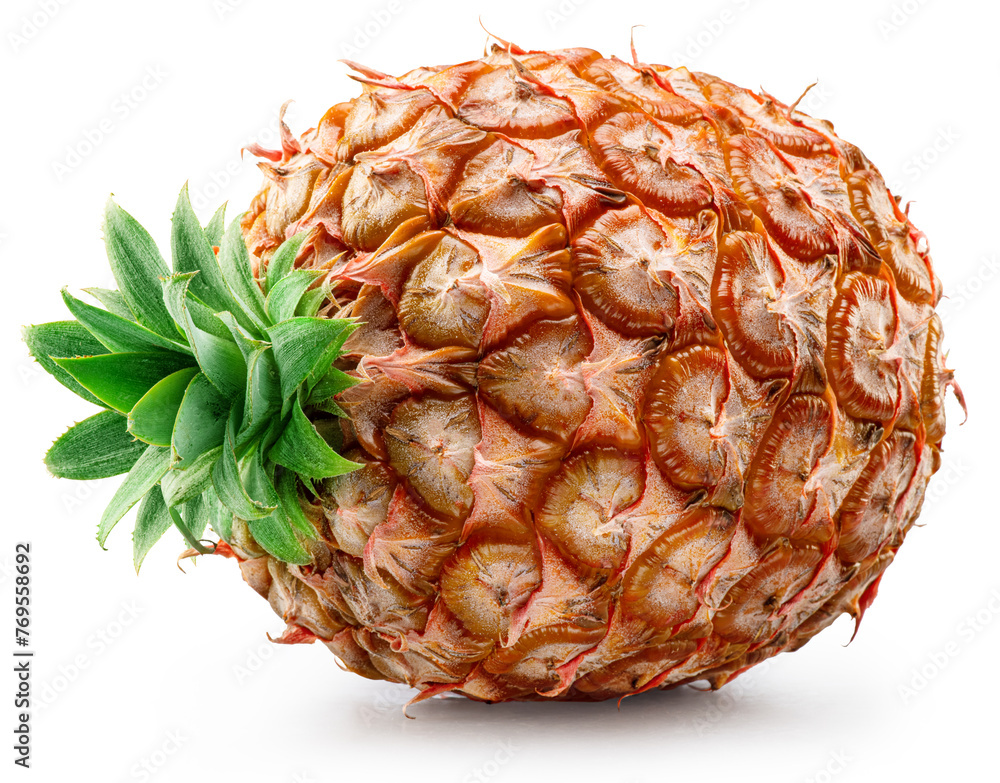 Fully ripe pineapple isolated on white background. File contains clipping path. - obrazy, fototapety, plakaty 