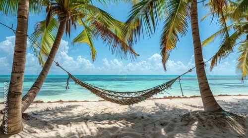 Hammock gently swaying between two towering palm trees,set against the backdrop of a breathtaking tropical beach The turquoise waters of the ocean lap at the golden © Intelligent Horizons