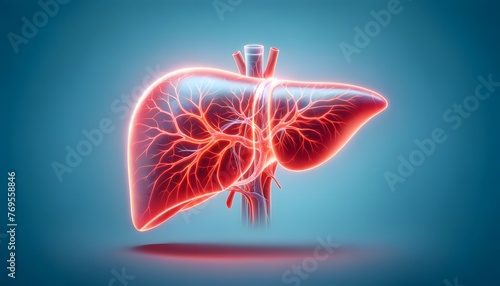 a liver with a glowing outline and detailed vascular structure set against a cool blue background, creating a striking visual of human anatomy. 3d illustration. photo