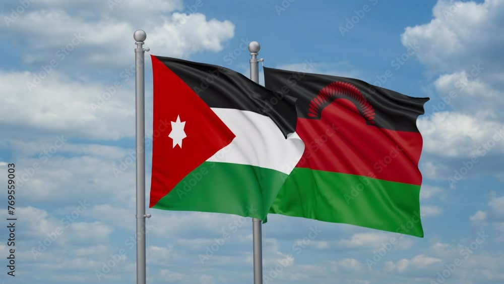 Malawi and Jordan two flags waving together, looped video, two country relations concept Malawi and Jordan two flags waving together, looped video, two country relations concept