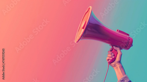 Hand holding megaphone, marketing and sales, single color background, Generative AI