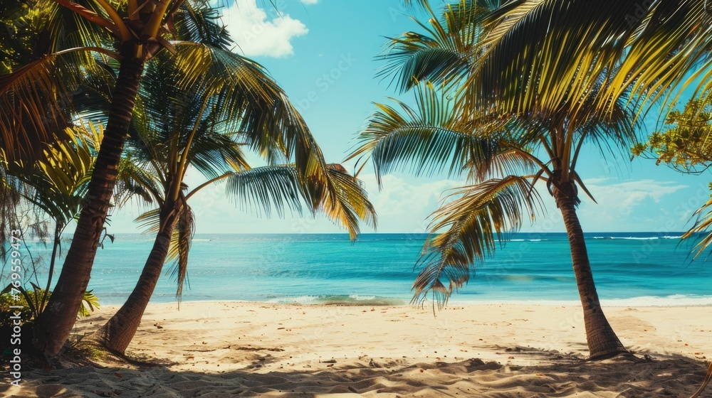 Tropical beach scene Swaying palm trees with lush foliage frame the stunning view,creating a tranquil and idyllic atmosphere The calm,azure ocean gently