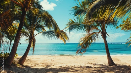 Tropical beach scene Swaying palm trees with lush foliage frame the stunning view,creating a tranquil and idyllic atmosphere The calm,azure ocean gently