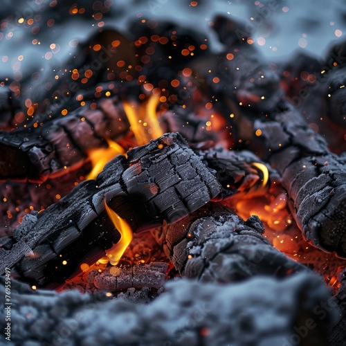 Fiery embers glow amidst charred logs on a cold evening, sparks of warmth in winter