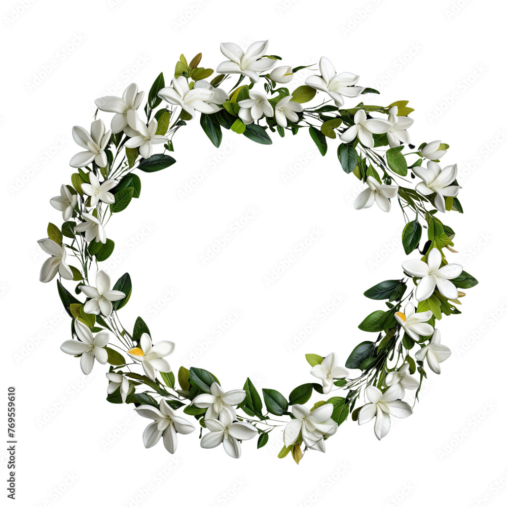 Wreath of flowers, flower wreath round frame borders, floral decoration, transparent background, Flat lay, top view