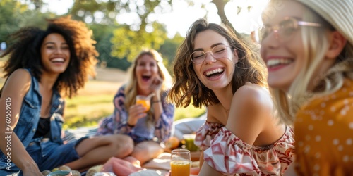 A group of friends laughing together while enjoying a picnic in the park. 