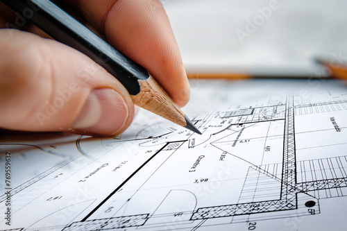 Main d'un architecte qui dessine un plan technique d'une maisdon avec un crayon © Chlorophylle