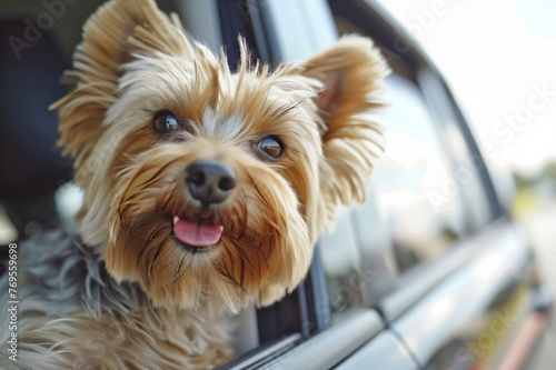 Petit chien mignon et heureux  de race yorkshire terrier regardant par la fenêtre d'une voiture et partant en vacances © Chlorophylle