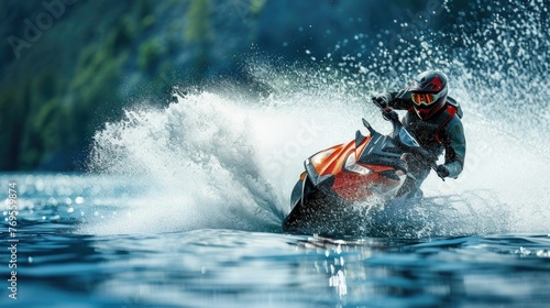 Thrilling action of a jet ski rider carving through the waves,showcasing the exhilarating nature of water sports The rider is performing high-speed maneuvers photo