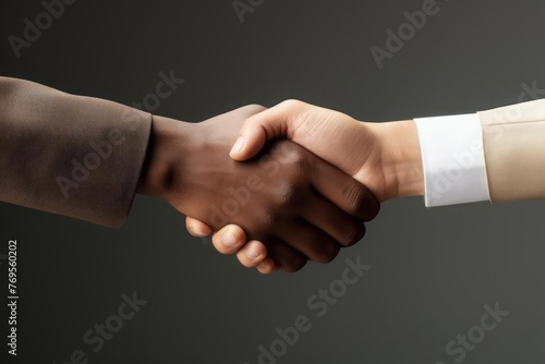 Within a minimalist composition, two hands are depicted clasped together in a handshake, symbolizing partnership and collaboration in business. The professionalism and unity of the handshake.