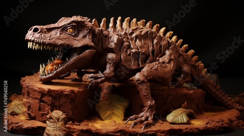 Dinosaur fossil cake made from rice crispy treats and covered in chocolate  sediment .