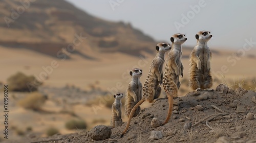 Sunlit Sentinels: A Group of Meerkits Bask in the Warmth of Sunlight, Standing Tall and Alert, Their Curious Gaze Reflecting the Innocence and Unity of Youth in Nature's Radiant Embrace.
