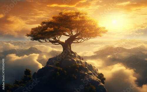 the huge tree above the mountains and clouds, surrounded by a golden aura
