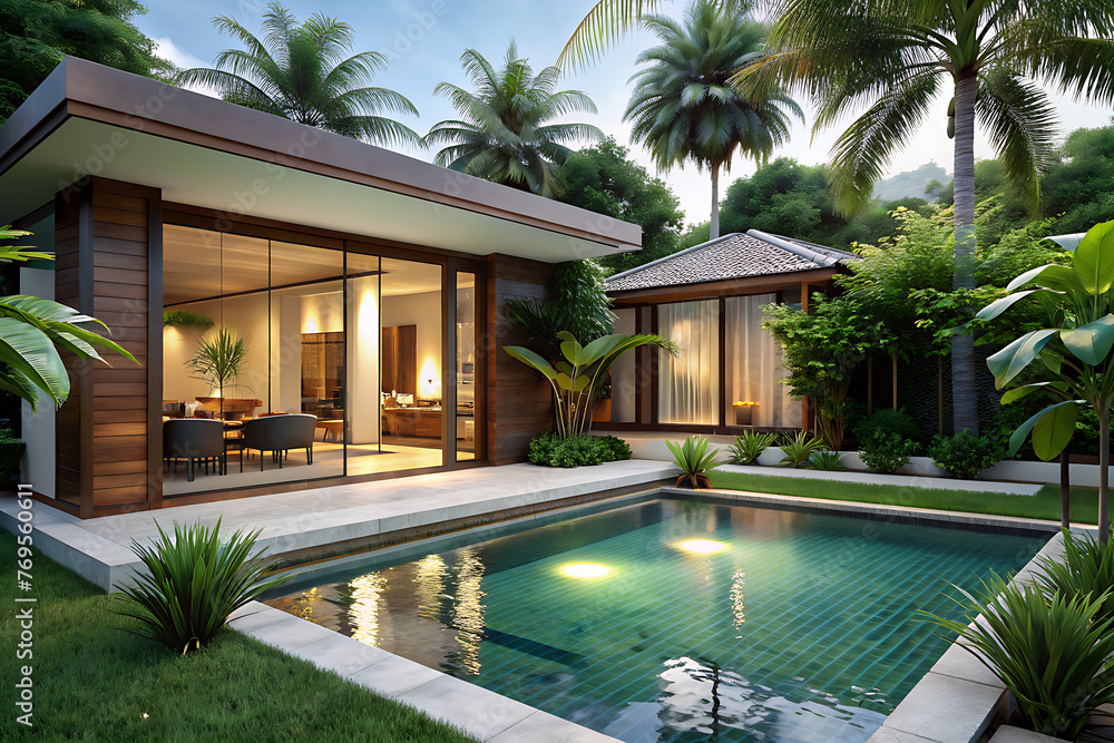 house building Exterior and interior design showing tropical pool villa with green garden