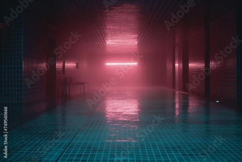 Swimming pool with neon light in a tunnel fully tiled
