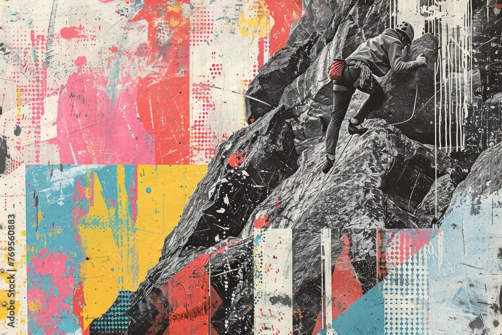 Fototapeta premium Contemporary Art Collage: Climber on Mountain Essence