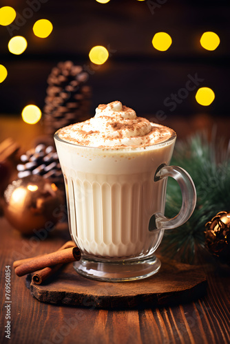 A Cozy Holiday Scene: Rich and Frothy Eggnog Latte with a Sprinkle of Nutmeg
