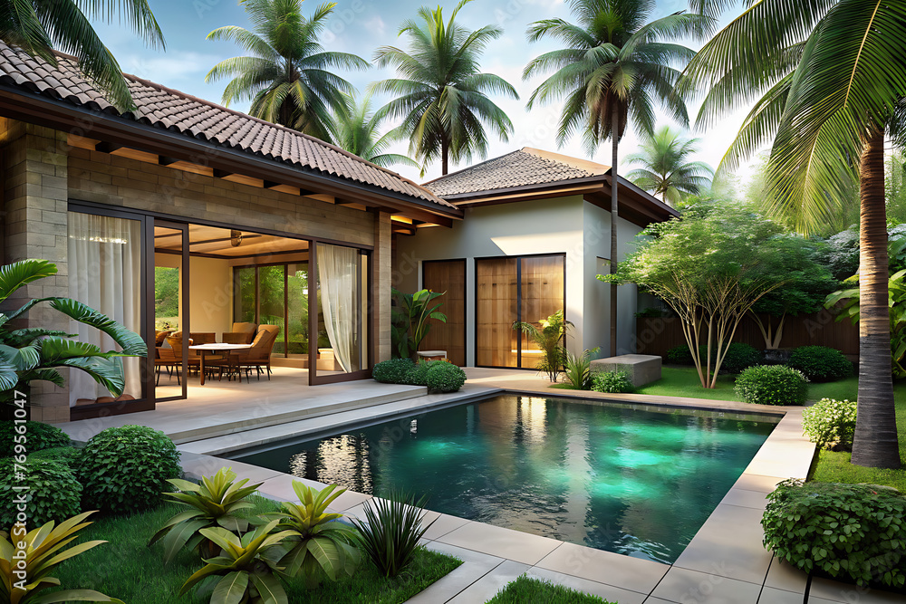 house building Exterior and interior design showing tropical pool villa with green garden