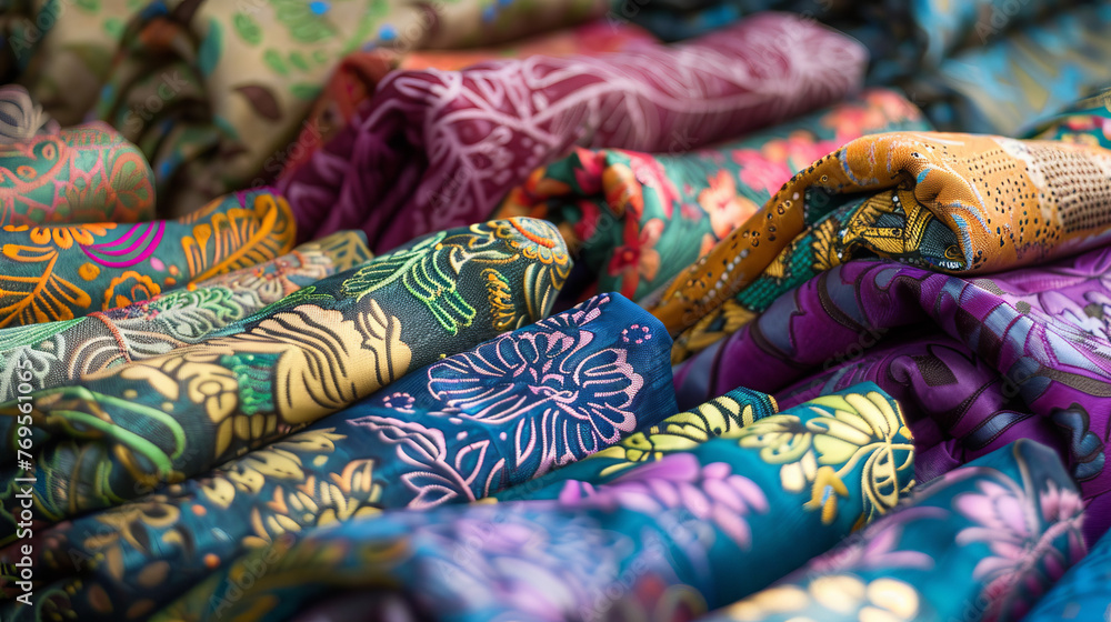 A vibrant display of various traditional fabric patterns featuring intricate designs and colorful prints A vibrant display of various traditional fabric patterns featuring intricate designs and colorful prints