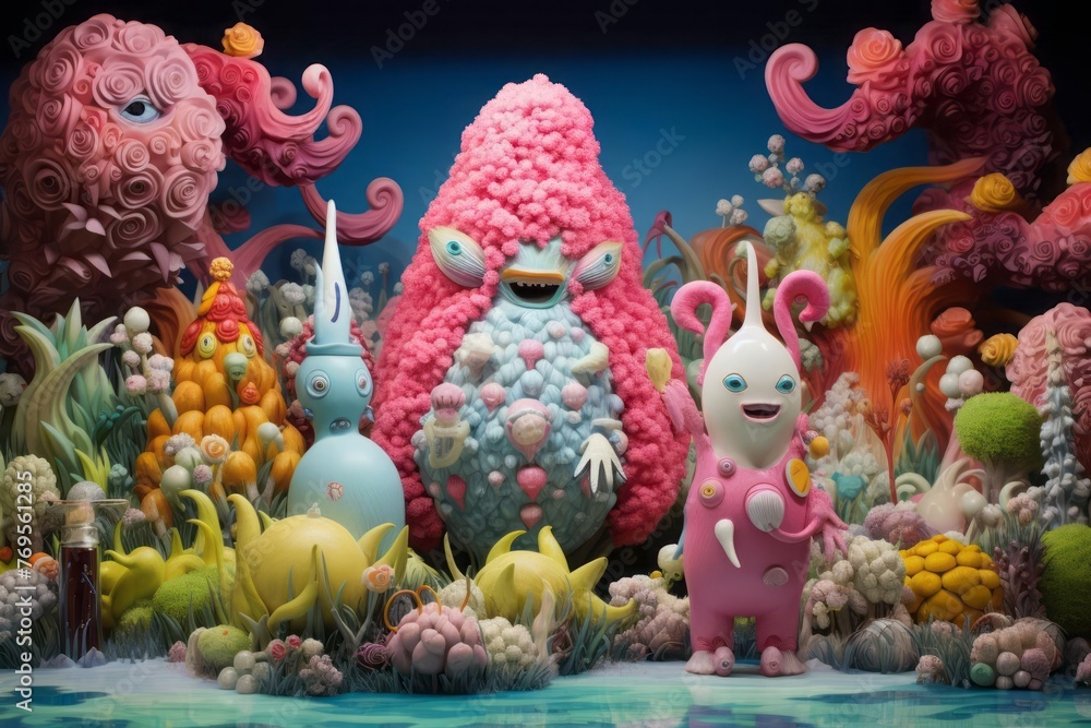 A surrealistic journey into the realm of diversity unfolds, with fantastical beings of all shapes, sizes, and hues coming together in a whimsical landscape.