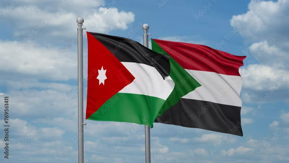Sudan and Jordan two flags waving together, looped video, two country cooperation concept Sudan and Jordan two flags waving together, looped video, two country cooperation concept