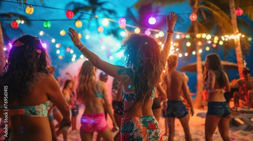 lively and festive atmosphere of an island music festival taking place on a gorgeous tropical beach Vibrant colors,energetic crowds,and the sounds of drums and other