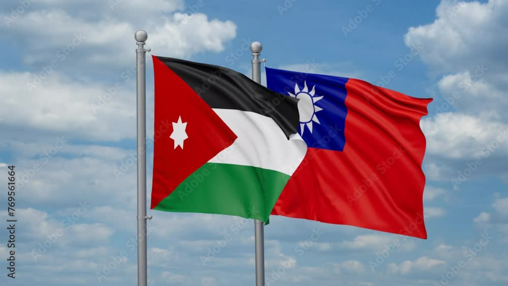 Taiwan and Jordan two flags waving together, looped video, two country cooperation concept Taiwan and Jordan two flags waving together, looped video, two country cooperation concept