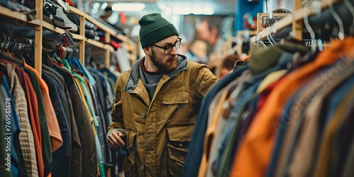 Shopping for Secondhand Clothes: A Customer Browsing Through Racks at a Thrift Store. Concept Thrifting Experience, Sustainable Fashion, Secondhand Finds, Retro Styles, Eco-Friendly Shopping