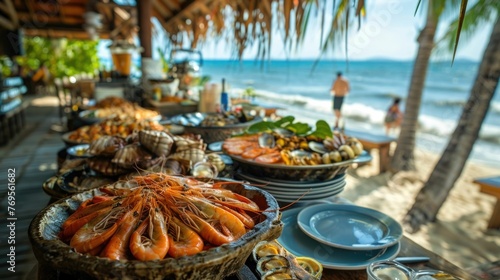 Inviting scene of a beachfront restaurant,where diners are indulging in a delectable seafood feast The table is adorned with a variety of fresh,local seafood dishes,including