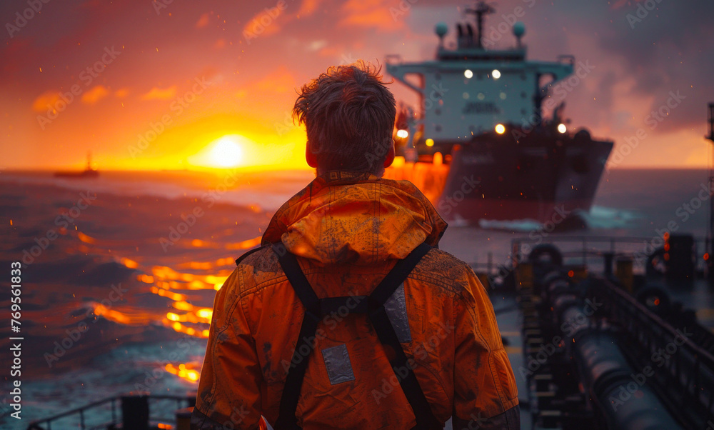 Man looks at tanker ship at sunset