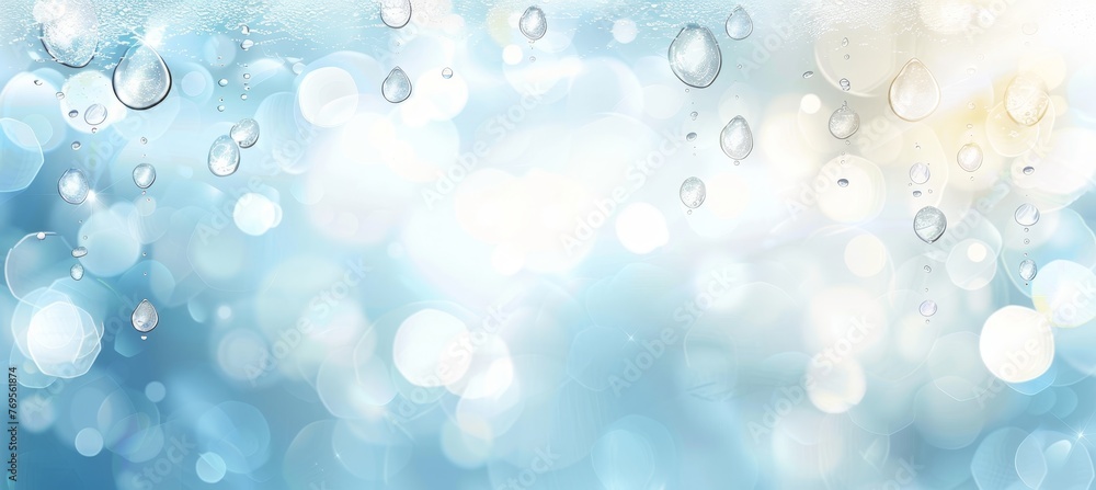 Abstract light blue water bubbles with air drops, liquid background in aqua shades