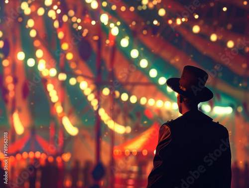 Silhouette of man in hat on background of circus photo
