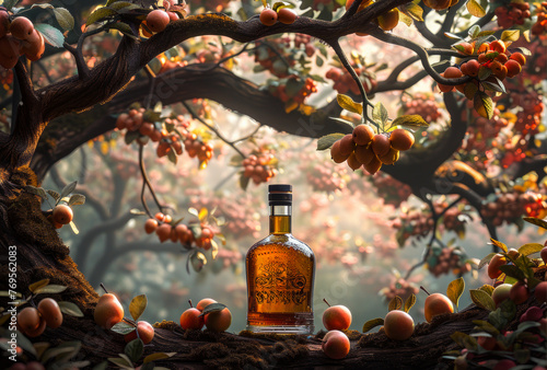 Bottle of whiskey with apples on tree in autumn forest photo