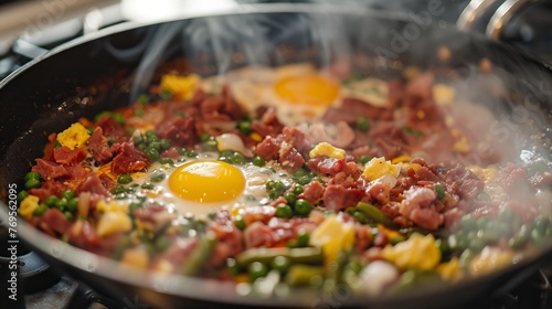 A stove-top pan filled with corned beef hash, eggs, and green beans cooking together. Generative AI