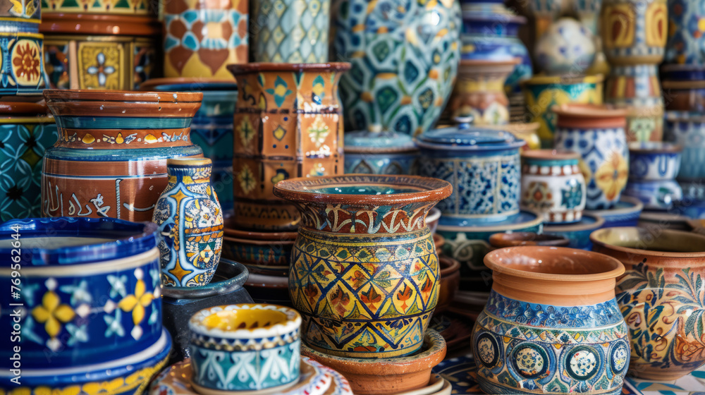 Multiple stacks of ceramic bowls featuring vibrant colors and intricate patterns, showcasing craftsmanship