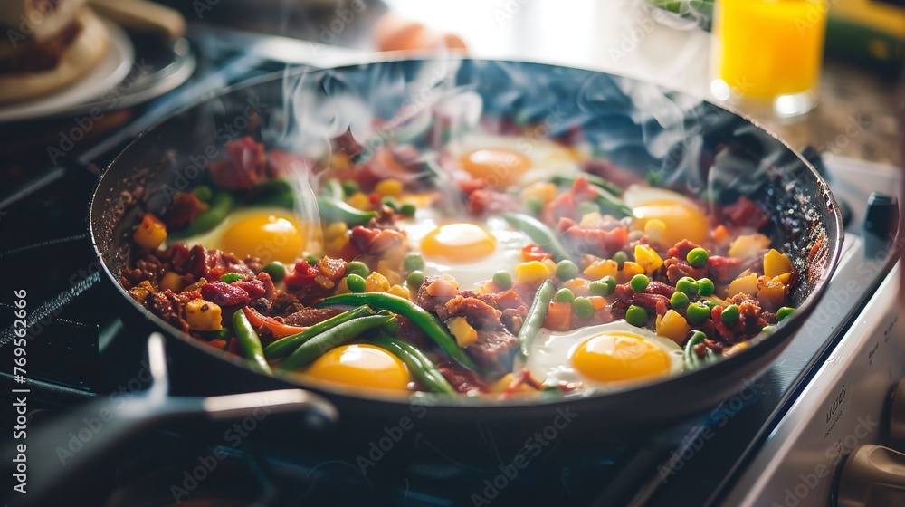 A stove-top pan filled with corned beef hash, eggs, and green beans cooking together. Generative AI - obrazy, fototapety, plakaty 