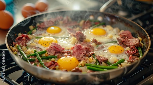 A stove-top pan filled with corned beef hash, eggs, and green beans cooking together. Generative AI
