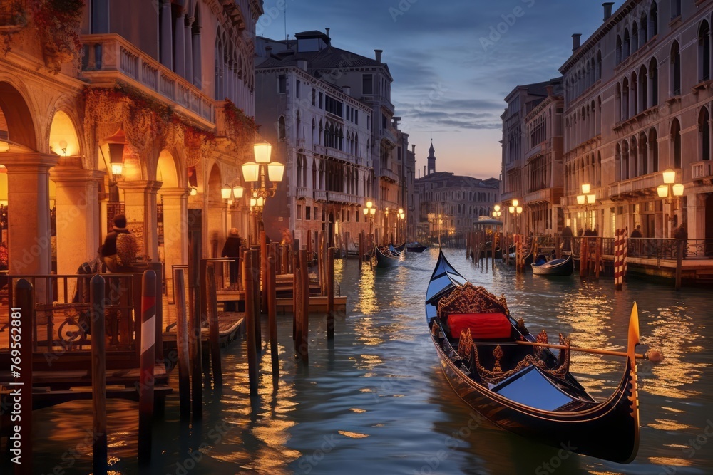 A serene evening in Venice, Italy, where gondolas glide gracefully along the narrow canals, their gondoliers silhouetted against the backdrop of historic buildings. - obrazy, fototapety, plakaty 