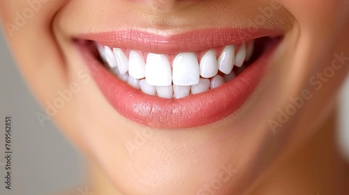 Woman undergoing dental treatment with copy space on blurred white background for text placement